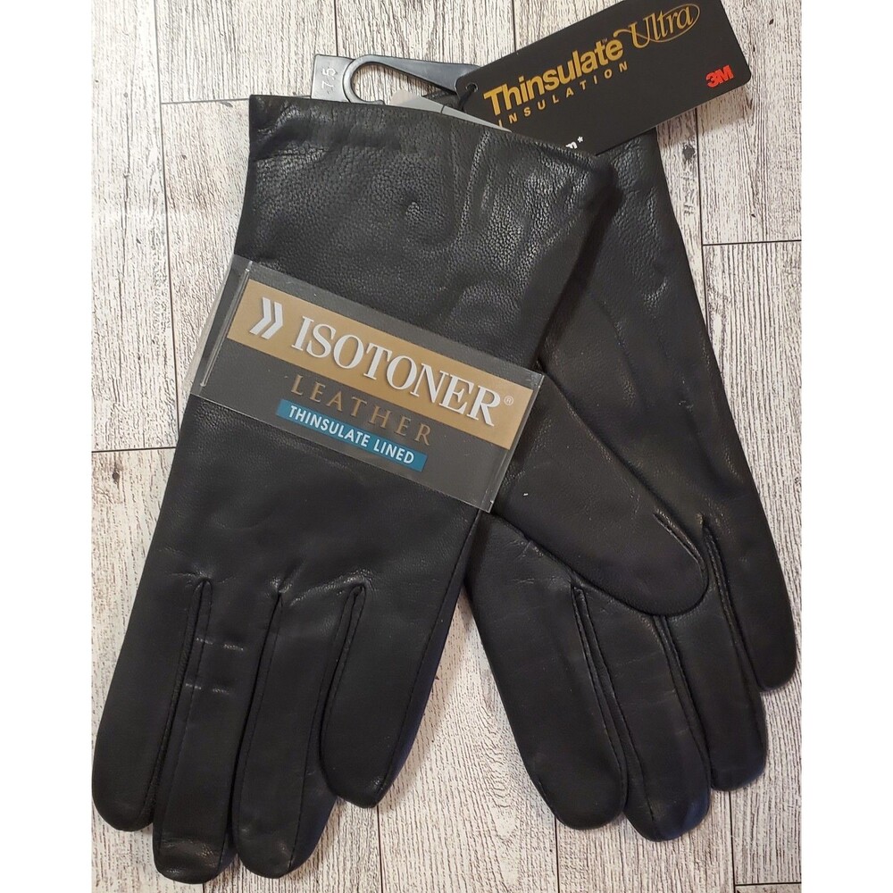 Vtg 2005 Isotoner Women's Black Leather Gloves Thinsulate Lined Size 7.5 NWT Y2K